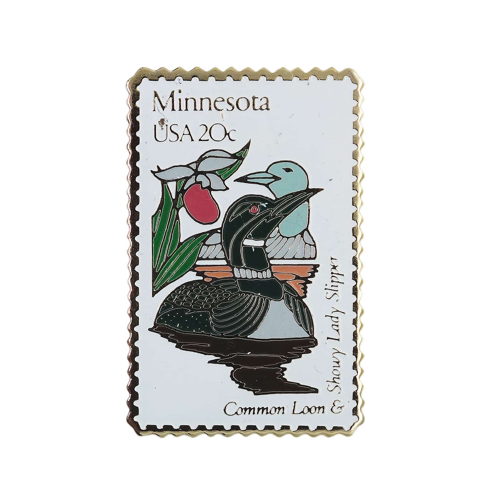Minnesota USA 20c 切手型 ピンズ 鳥 ハシグロアビ&ラン留め具付き