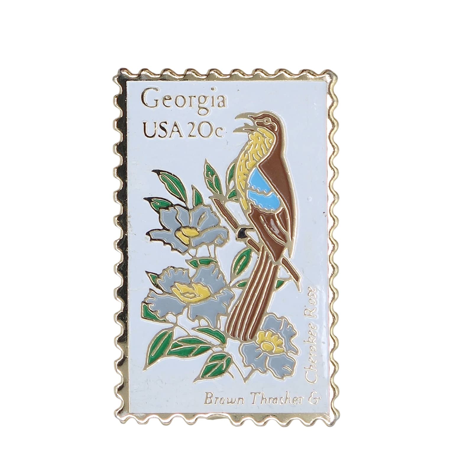 Georgia USA 20c チャイロツグミモドキと州花のチェロキーローズ 切手型 ピンズ