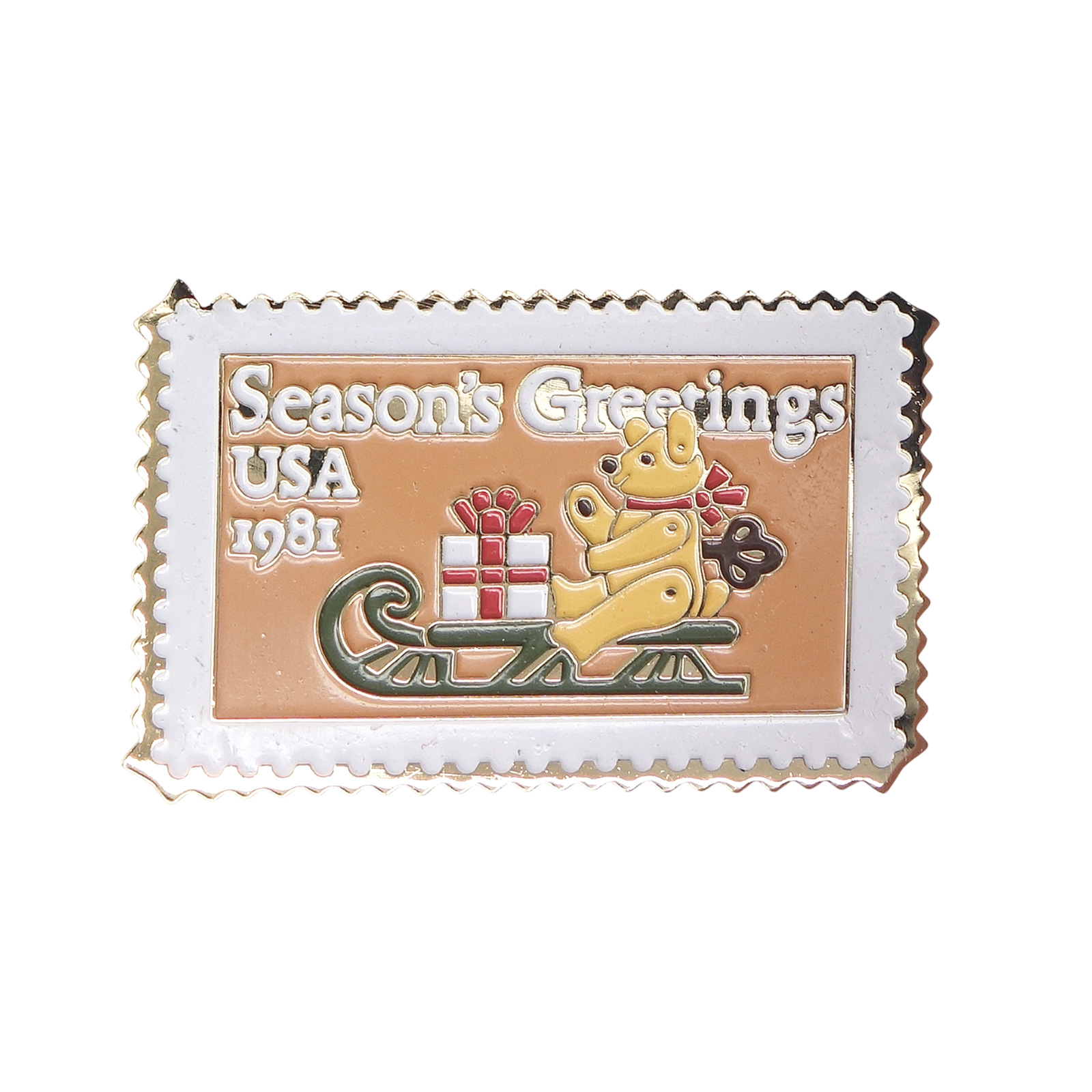 Season's Greetings ソリに乗ったテディベアとクリスマスプレゼント 切手型 ピンズ