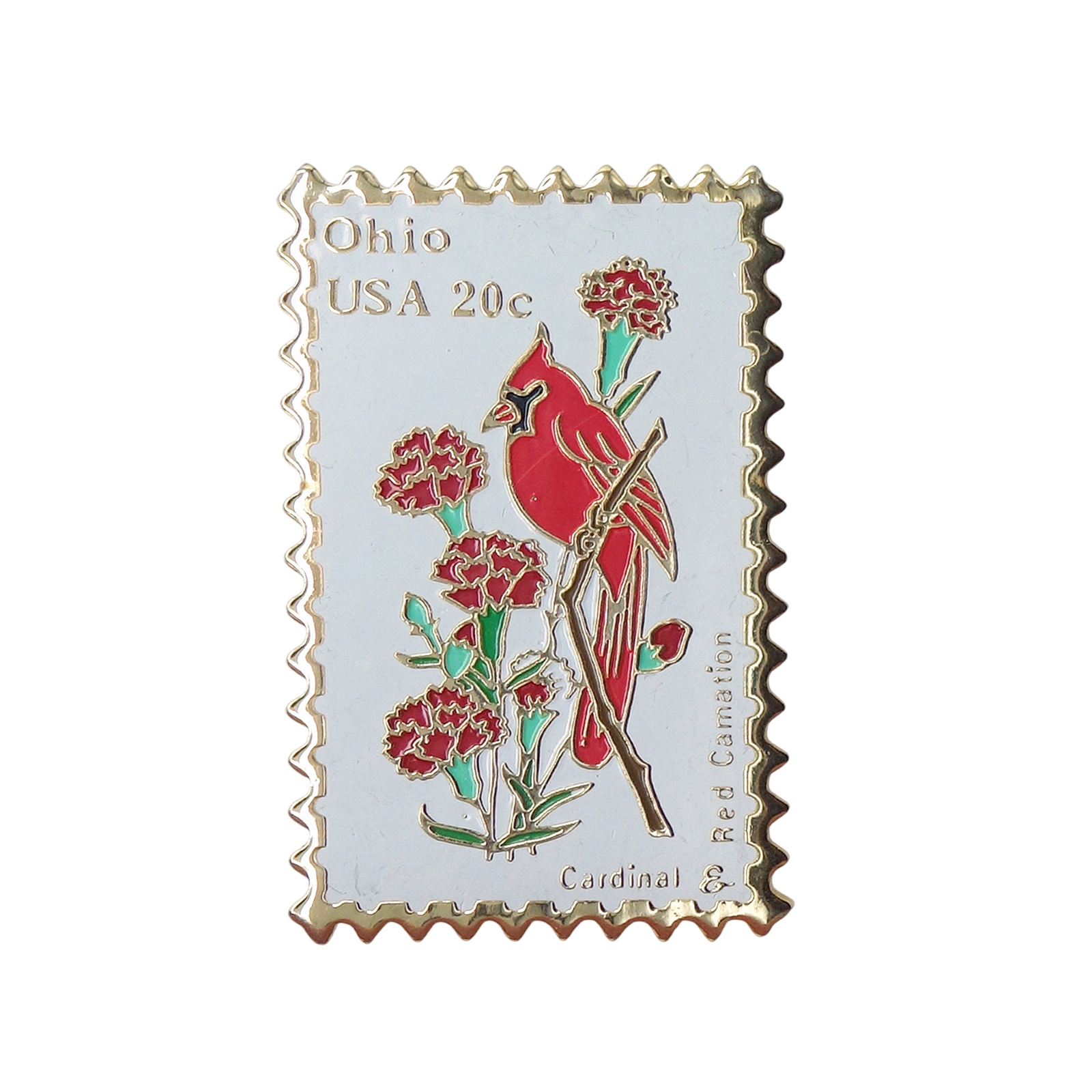 Ohio USA 20c カーディナルと州花のレッドカーネーション 切手型 ピンズ