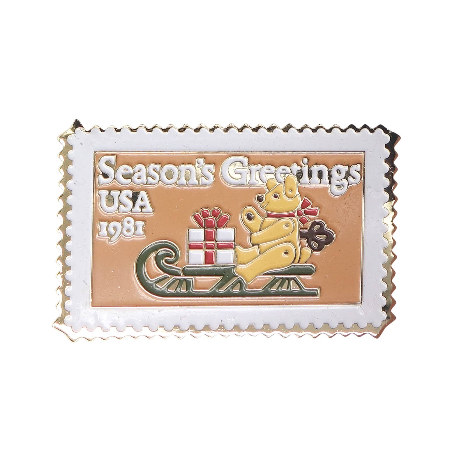 Season's Greetings ソリに乗ったテディベアとクリスマスプレゼント 切手型 ピンズ