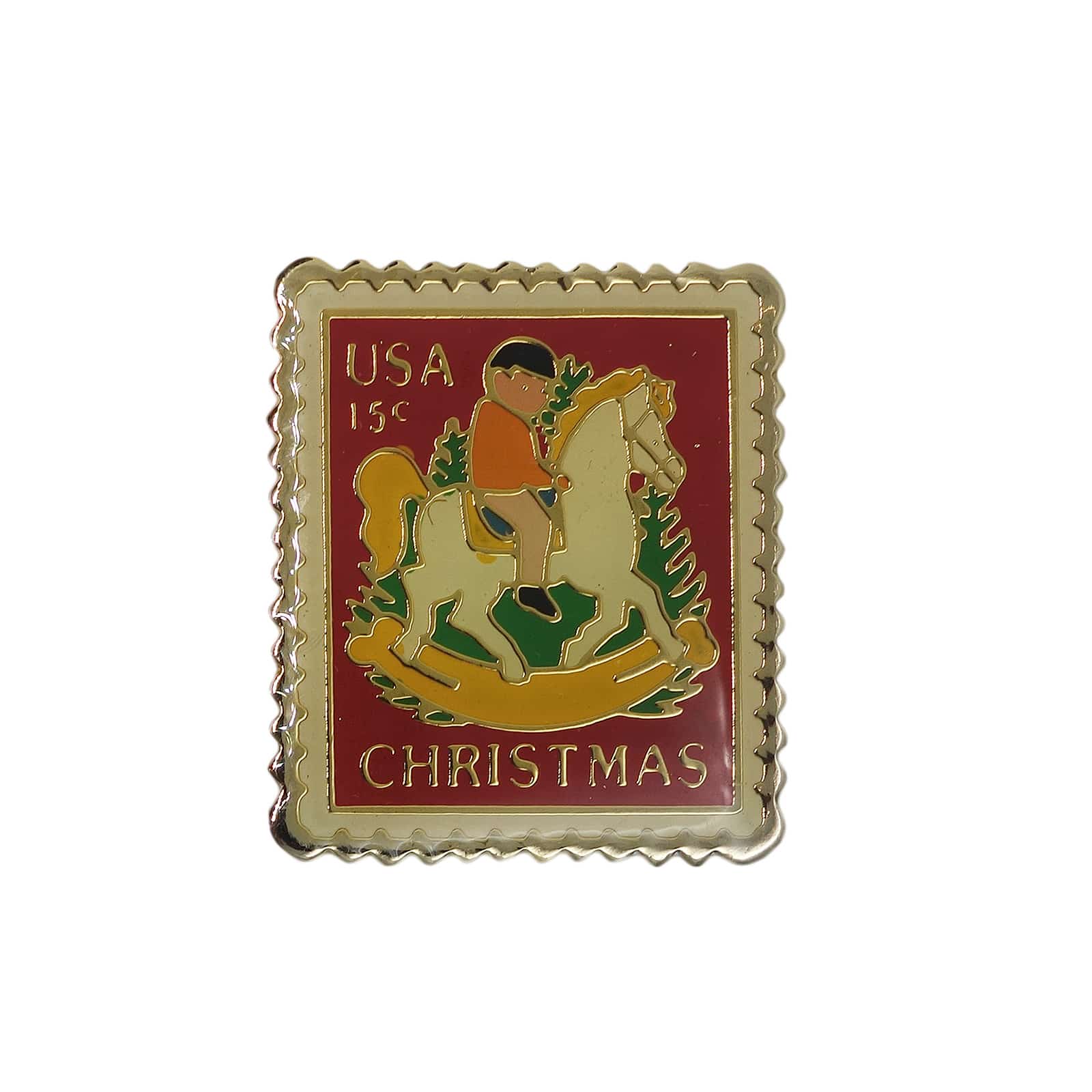クリスマス USA 15c 切手型 ピンズ 木馬 留め具付き