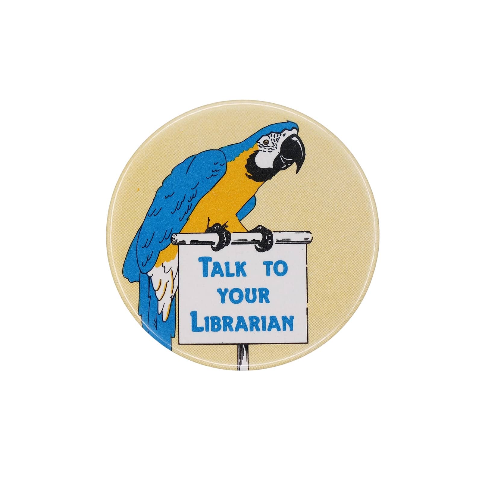 TALK TO YOUR LIBRARIAN 鳥 ルリコンゴウインコ 缶バッジ バッチ