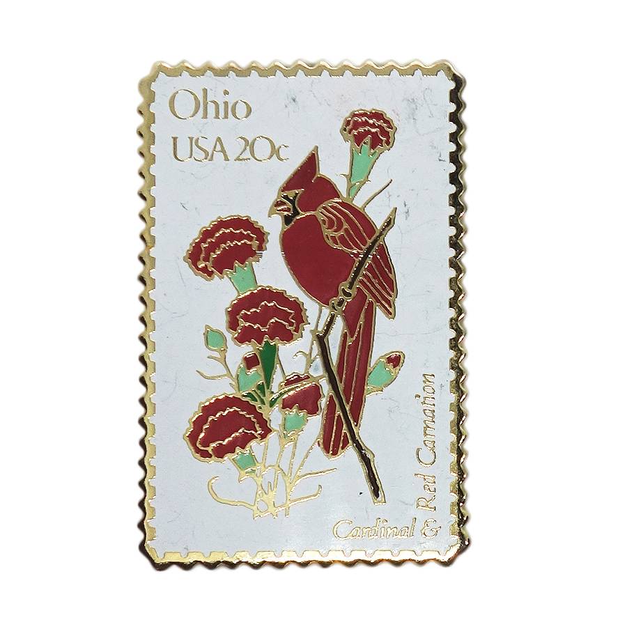Ohio USA 20c 切手型 ピンズ カーディナル&レッドカーネーション 留め具付き