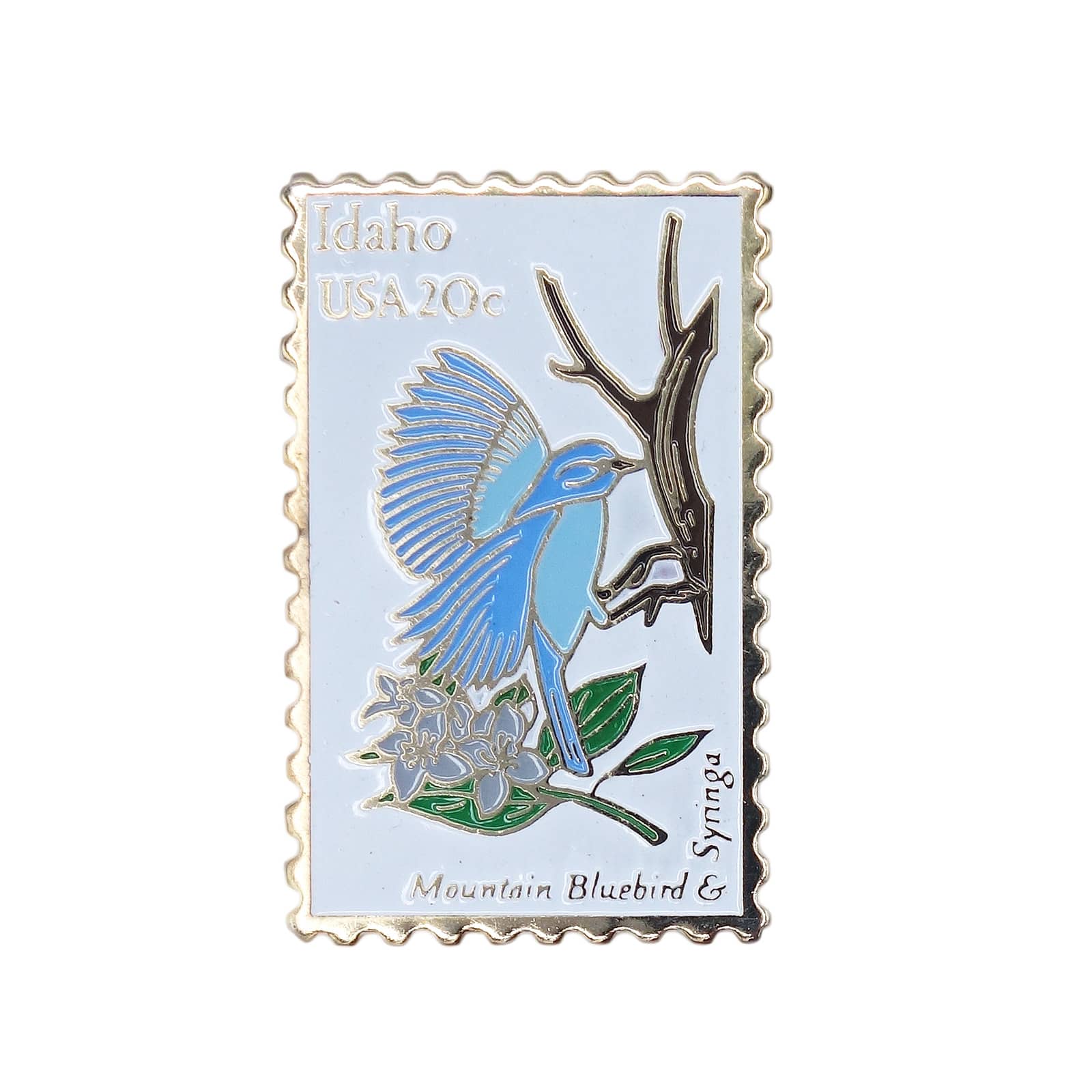 Idaho USA 20c マウンテンブルーバードと州花のシリンガ 切手型 ピンズ