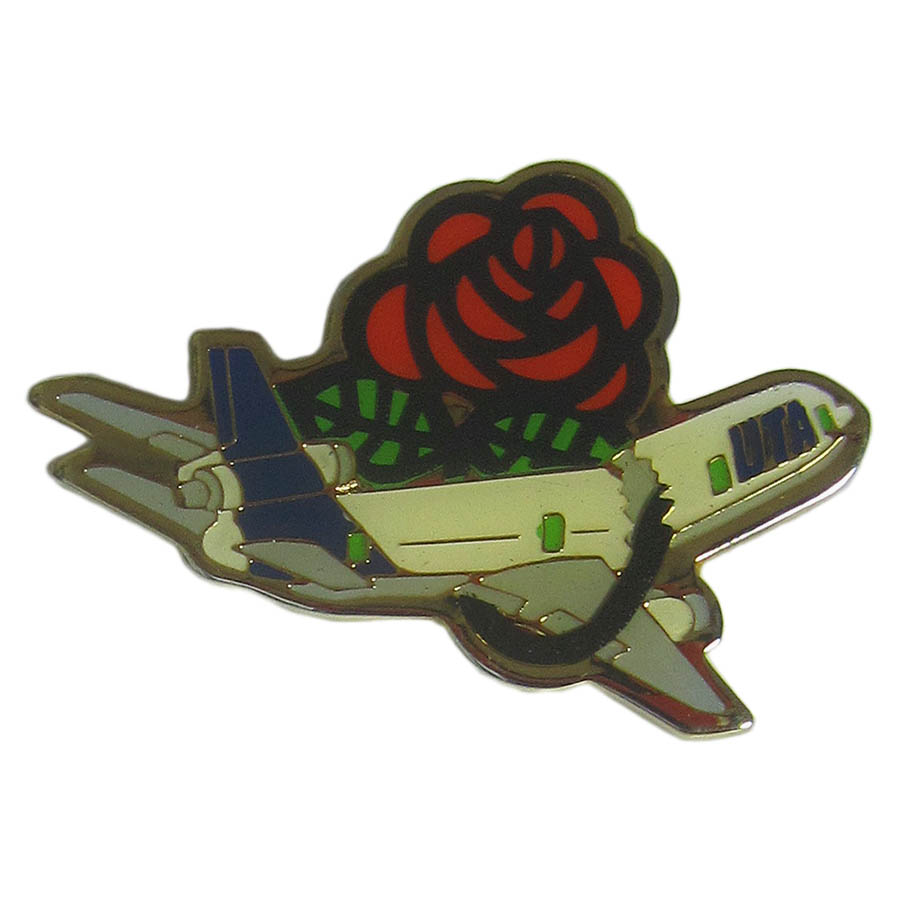 ピンズ フランス 航空会社 UTA 飛行機 × 薔薇 留め具付き レトロ ピンバッジ